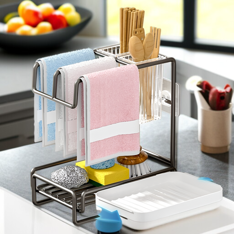 ที่วางของอเนกประสงค์สแตนเลสสำหรับก๊อกน้ำในครัว พร้อมลูกบอลลวดและผ้าเช็ดจาน