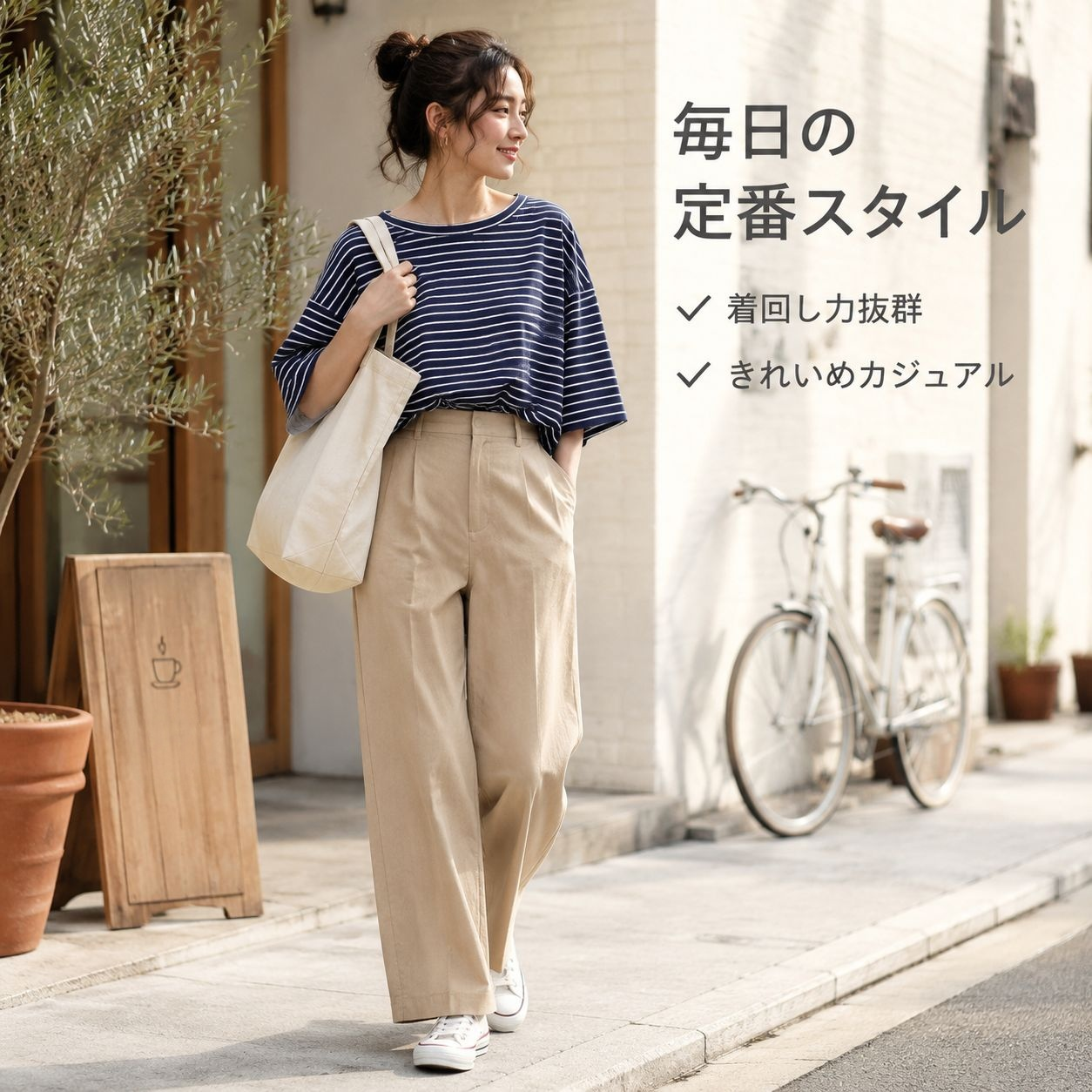 日本風ブルーストライプ ゆったり細見え カジュアル半袖Tシャツ