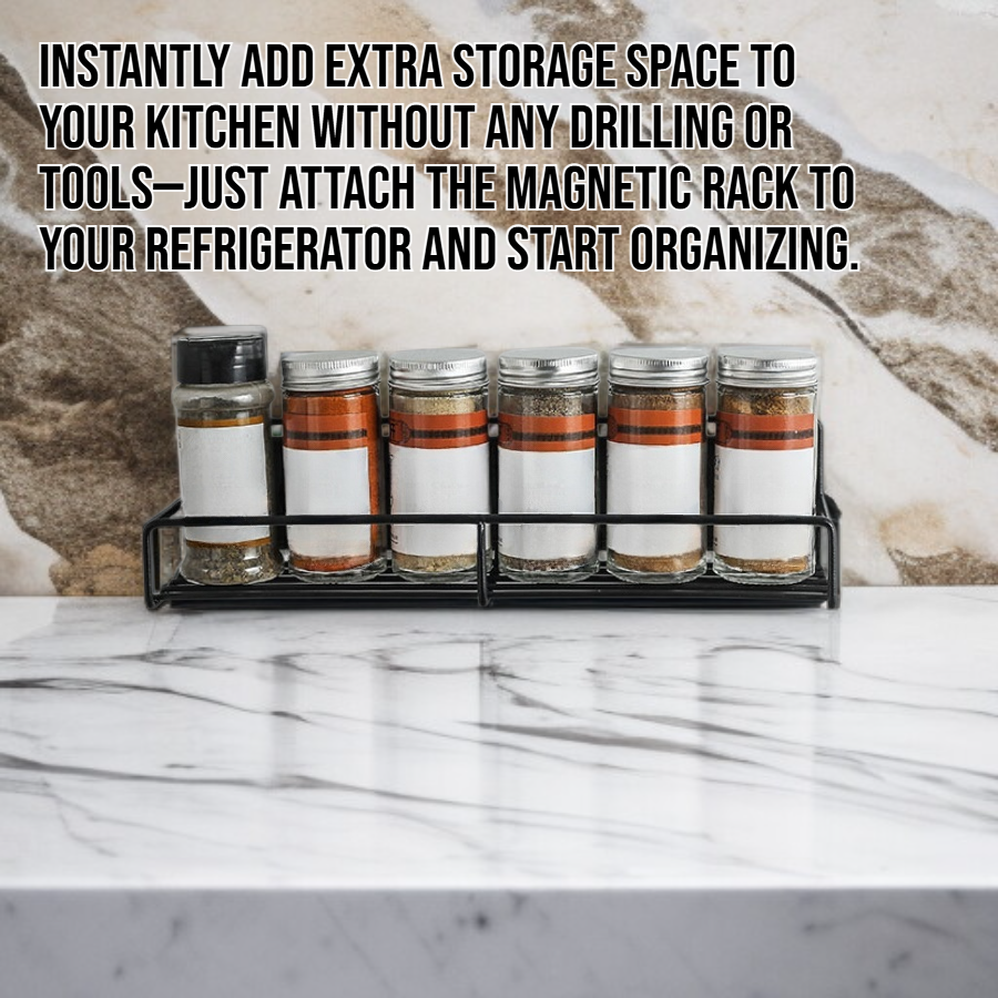 No-drill magnetic storage rack for the side of the refrigerator.
