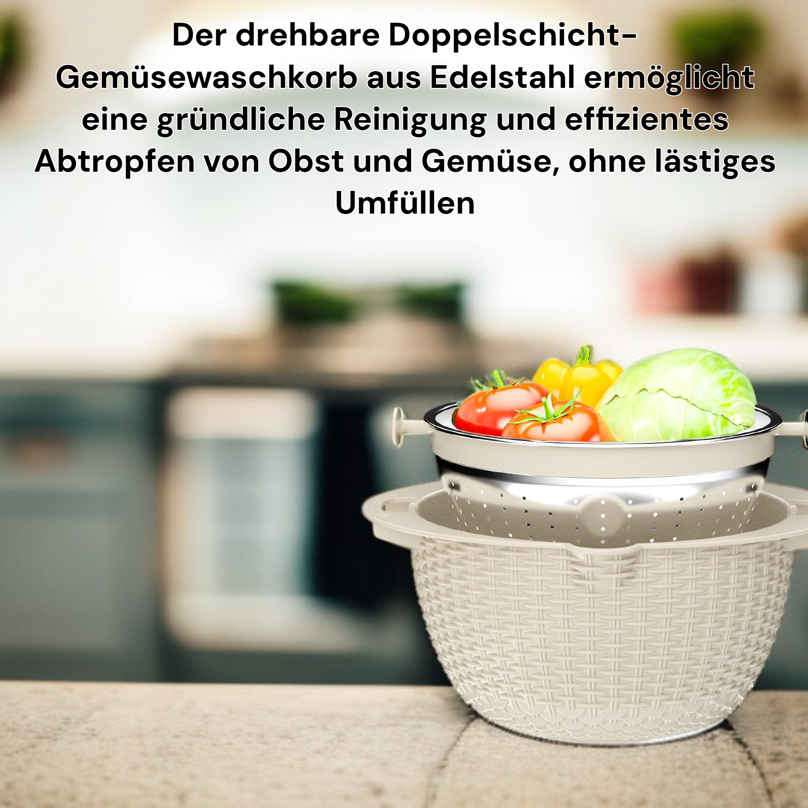 Drehbarer Doppelschicht-Gemüsewaschkorb aus Edelstahl für den Haushalt