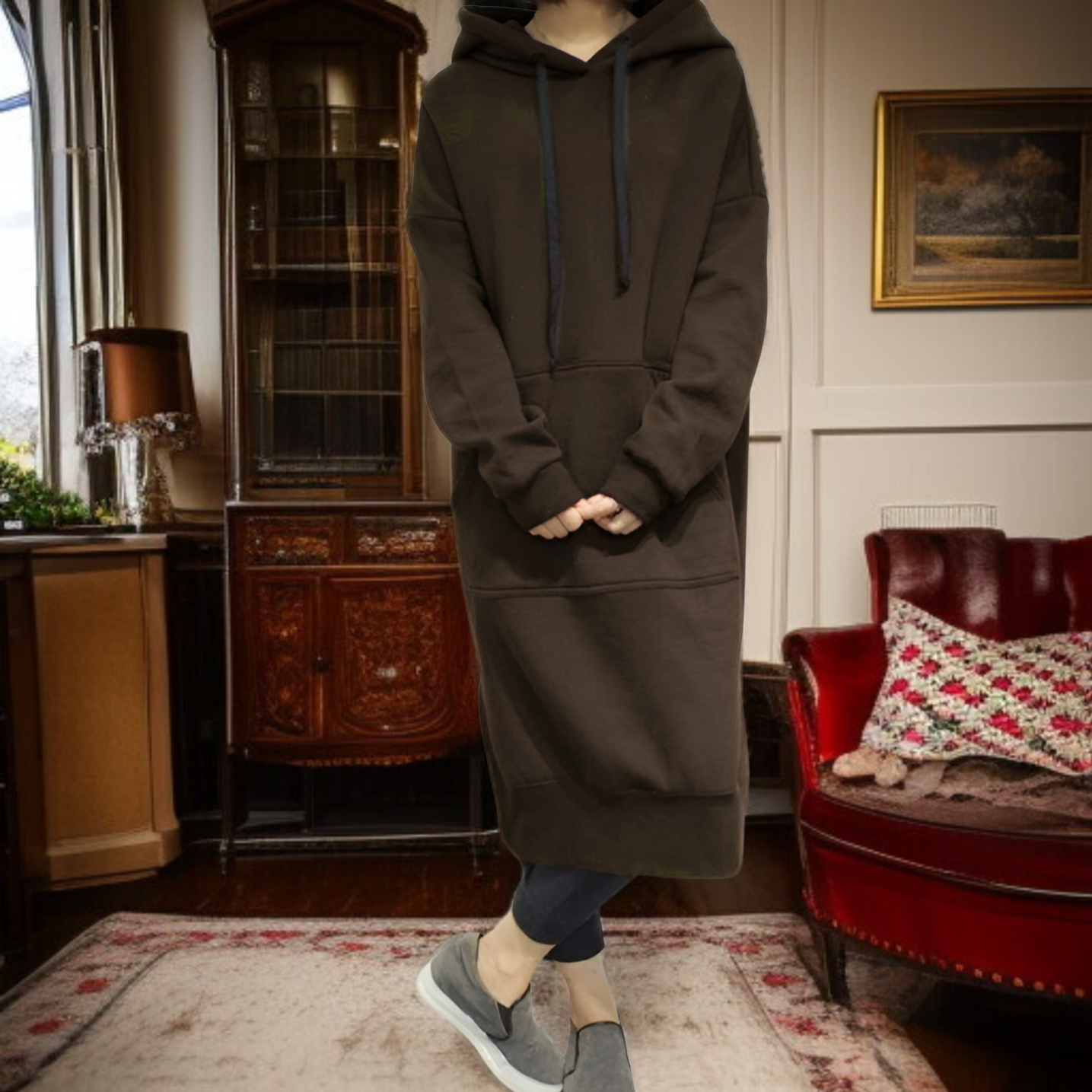 レディース大きいサイズ無地ロングカジュアルパーカーコート