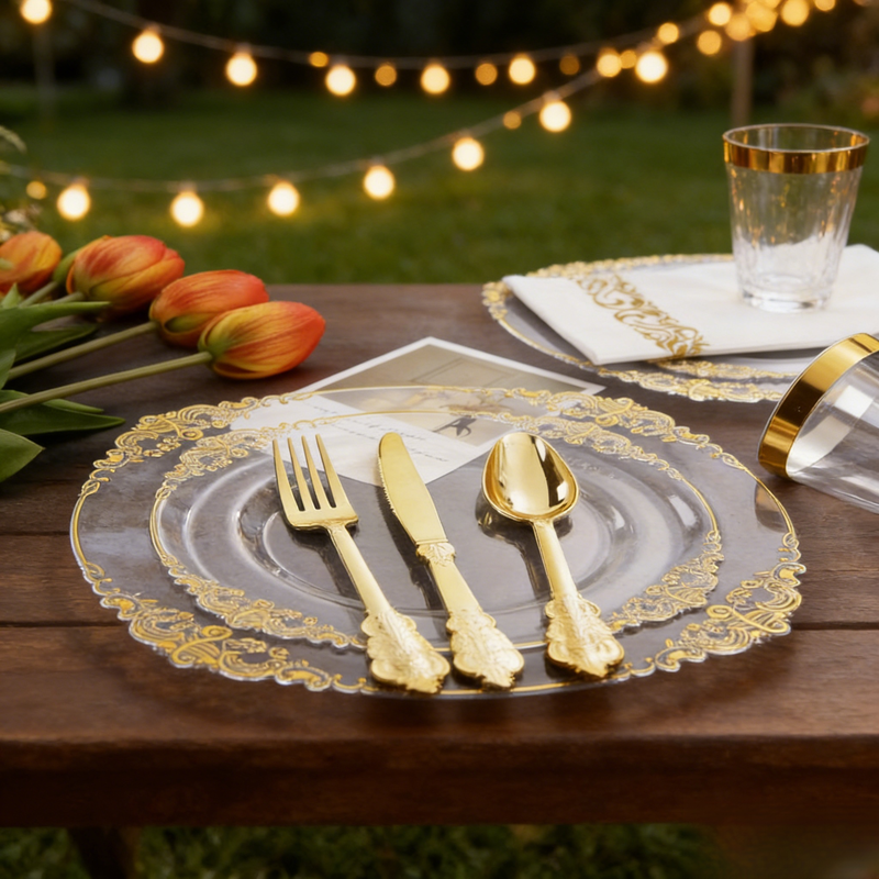 ชุดภาชนะพลาสติกสีทองสุดหรูสำหรับงานเลี้ยง 125 ชิ้น