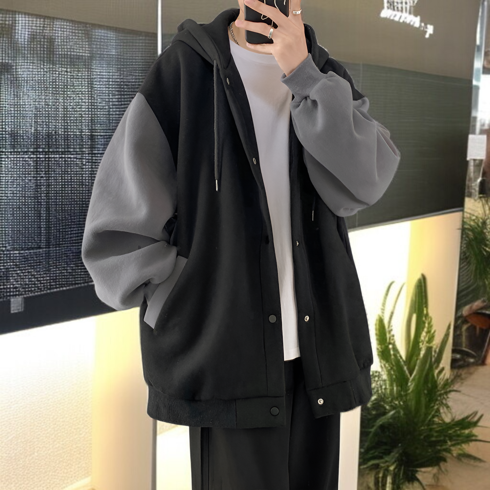 香港スタイルの秋と冬の男性用カジュアルカーディガンジャケット、ベルベットと厚みのあるトレンディなスプライシングスウェットシャツ、ルーズフード付きスウェットシャツ、カップル着用