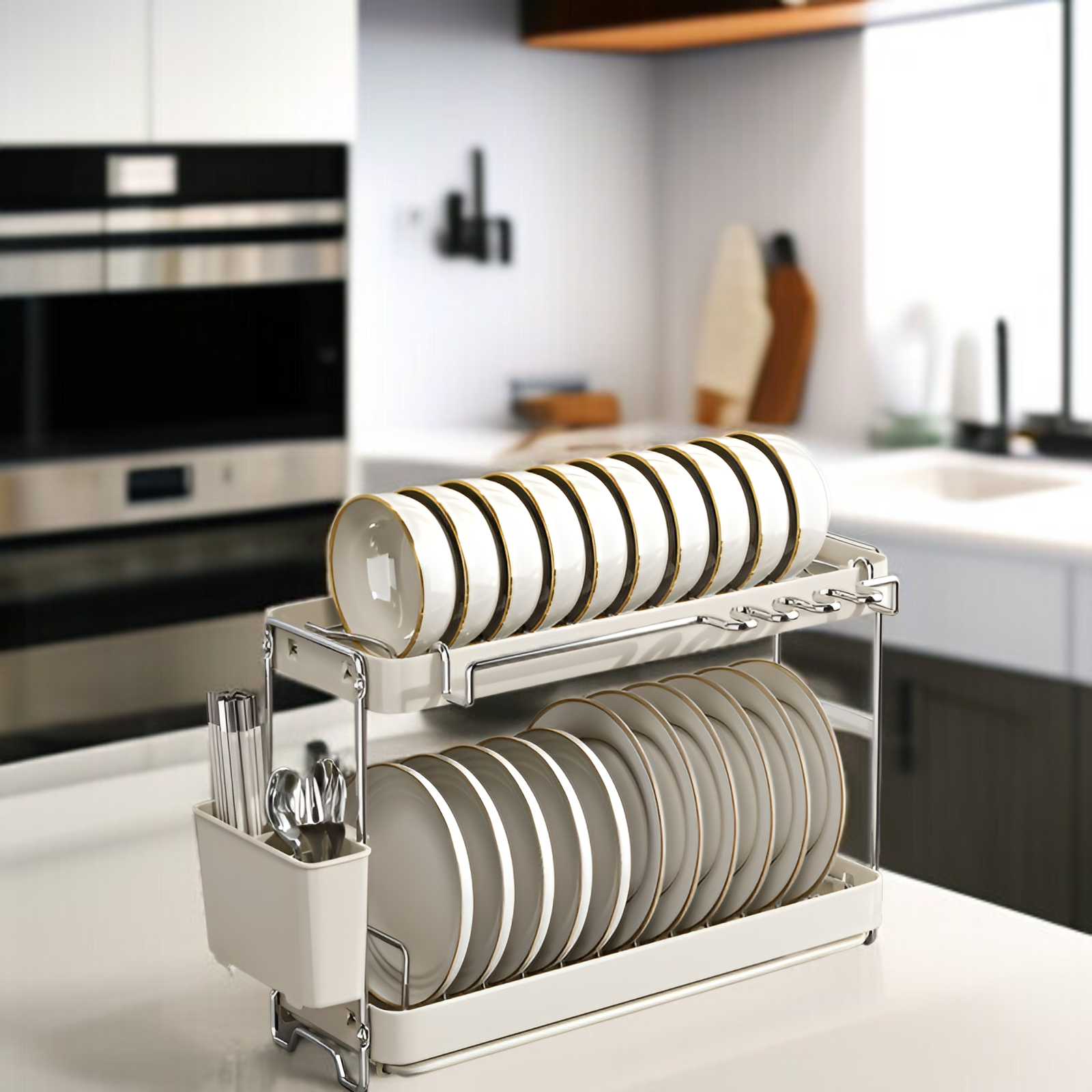 新しいステンレススチール製のボウルとプレートの排水ラックキッチンラックシンクの食器用排水バスケット食器収納ラック