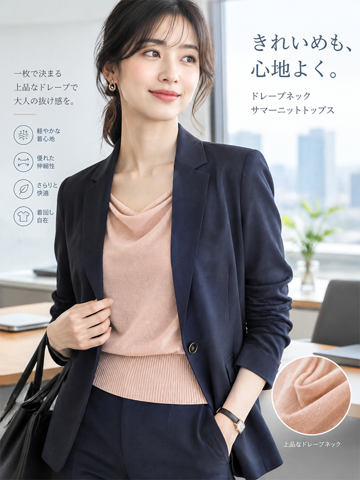 Monolly フェミニン ドレープネック 半袖ニット