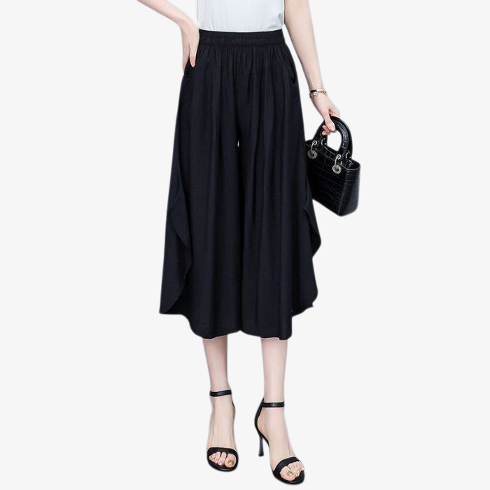 중장년 7부 하이웨스트 와이드 팬츠 와이드 빅 사이즈 치마바지 얇은 바지 날씬해 보이는 텐셀 면바지