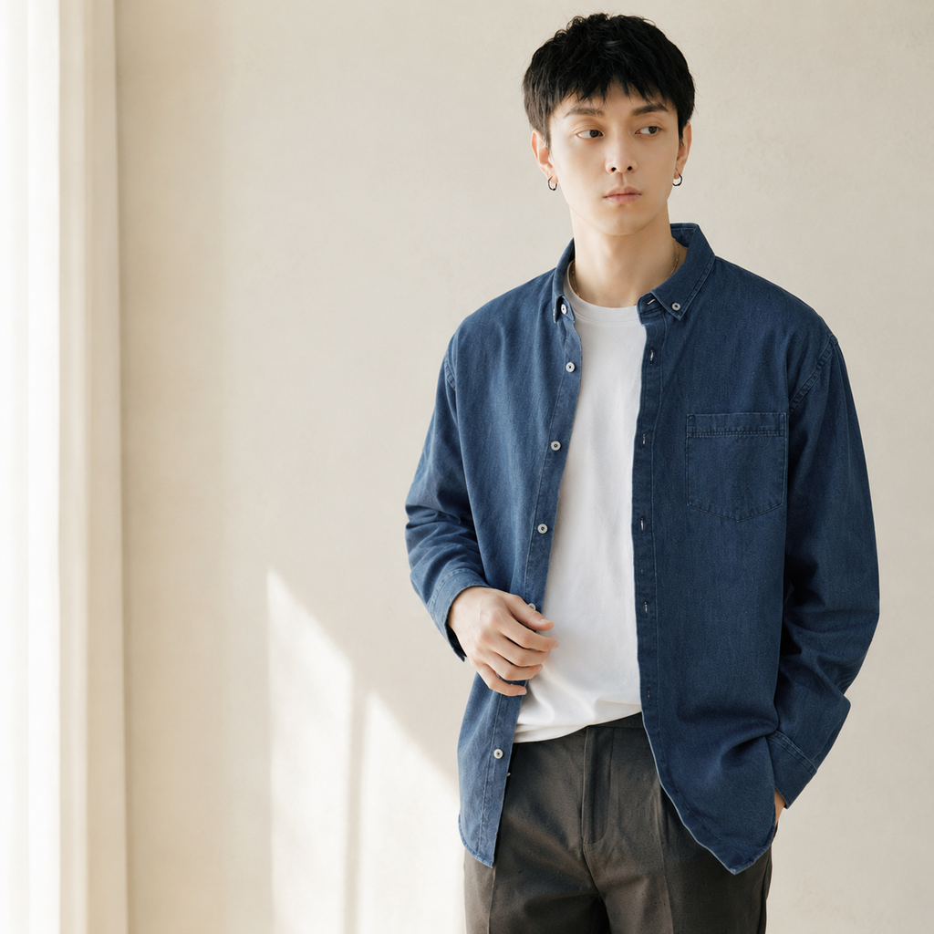 봄가을 청년 캐주얼 데님 긴팔 셔츠