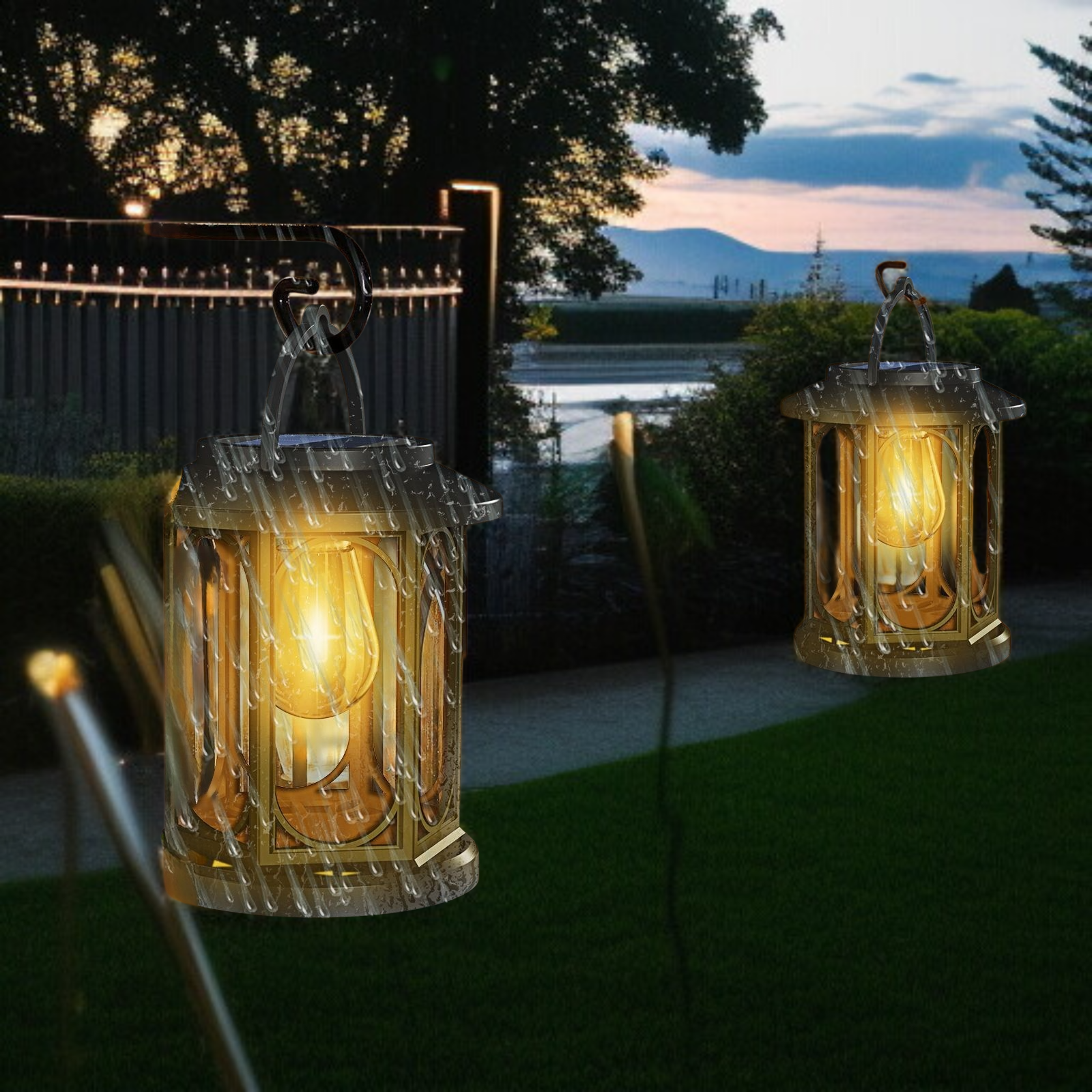 ソーラーガーデンライト レトロデザインランタン 暖色電球 IP65 防水 暖色 吊り下げ式ソーラー装飾ライト タングステンフィラメントランプ ウォールランプ 芝生ランプ 雰囲気ランプ 自動点灯