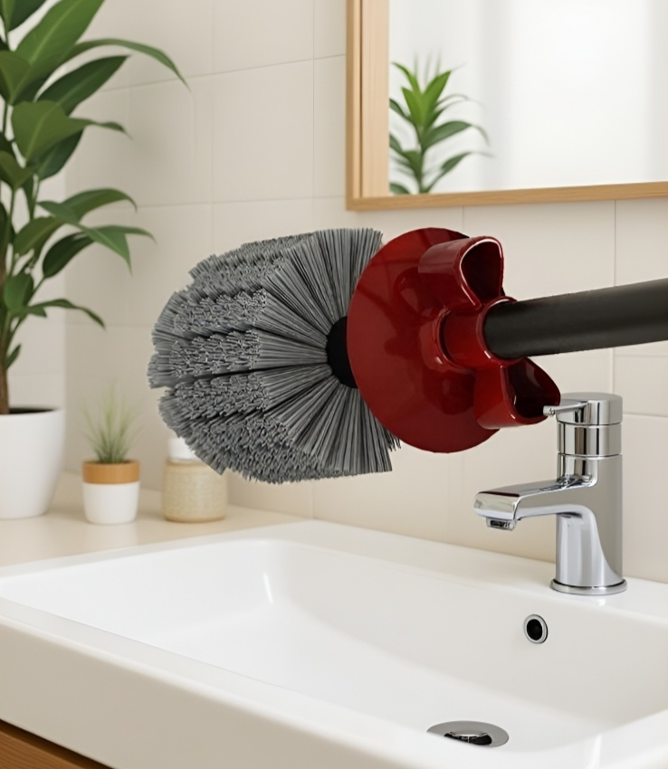 トイレ掃除中の長い柄ブラシイメージ