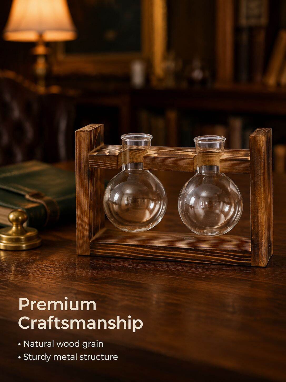 Home Glass Bottle Wooden Frame Hydroponic Plant Vase for Living Room Decor