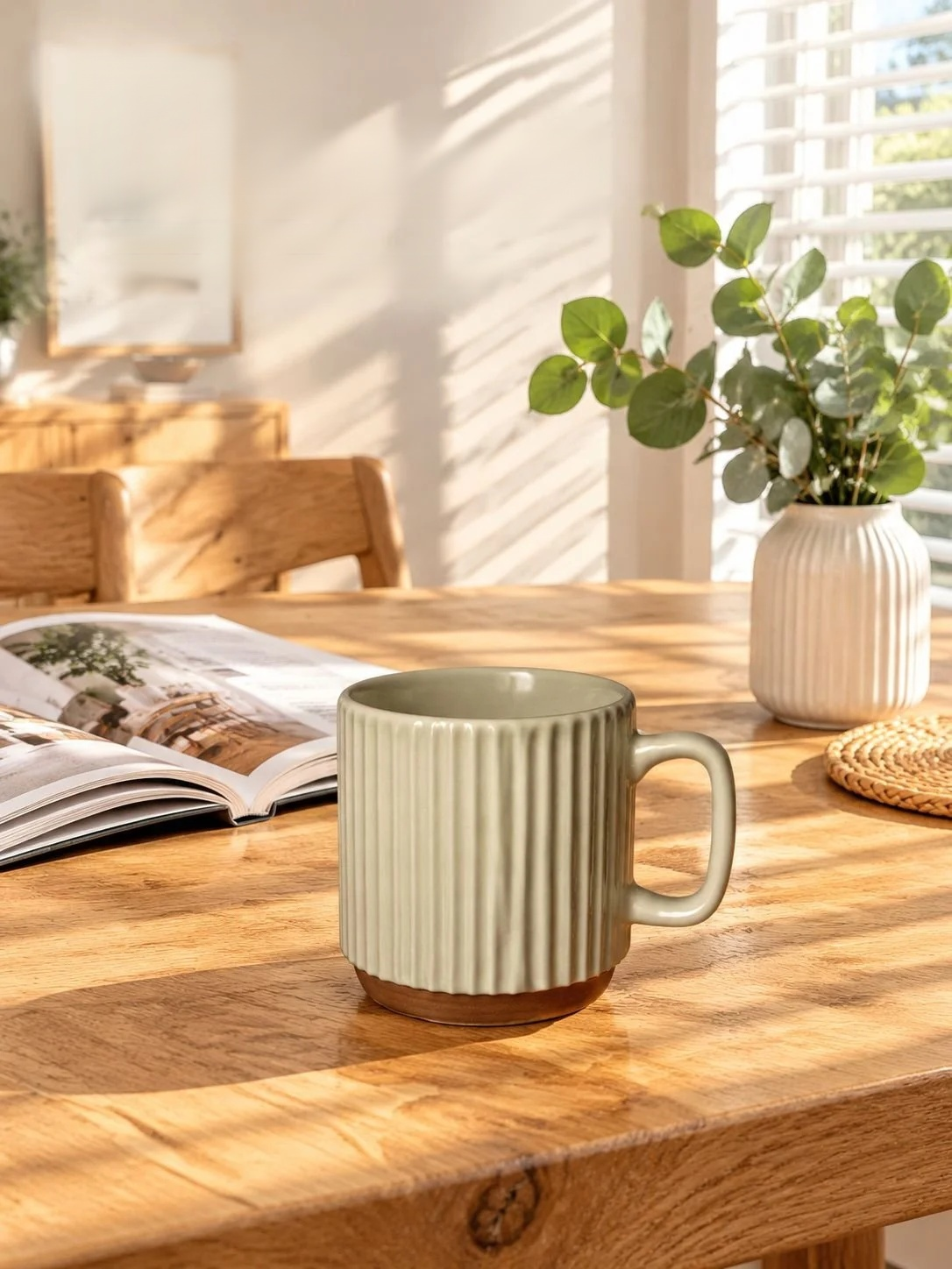 Retro Beige Vertical Stripe Stacking Mug with minimalist design