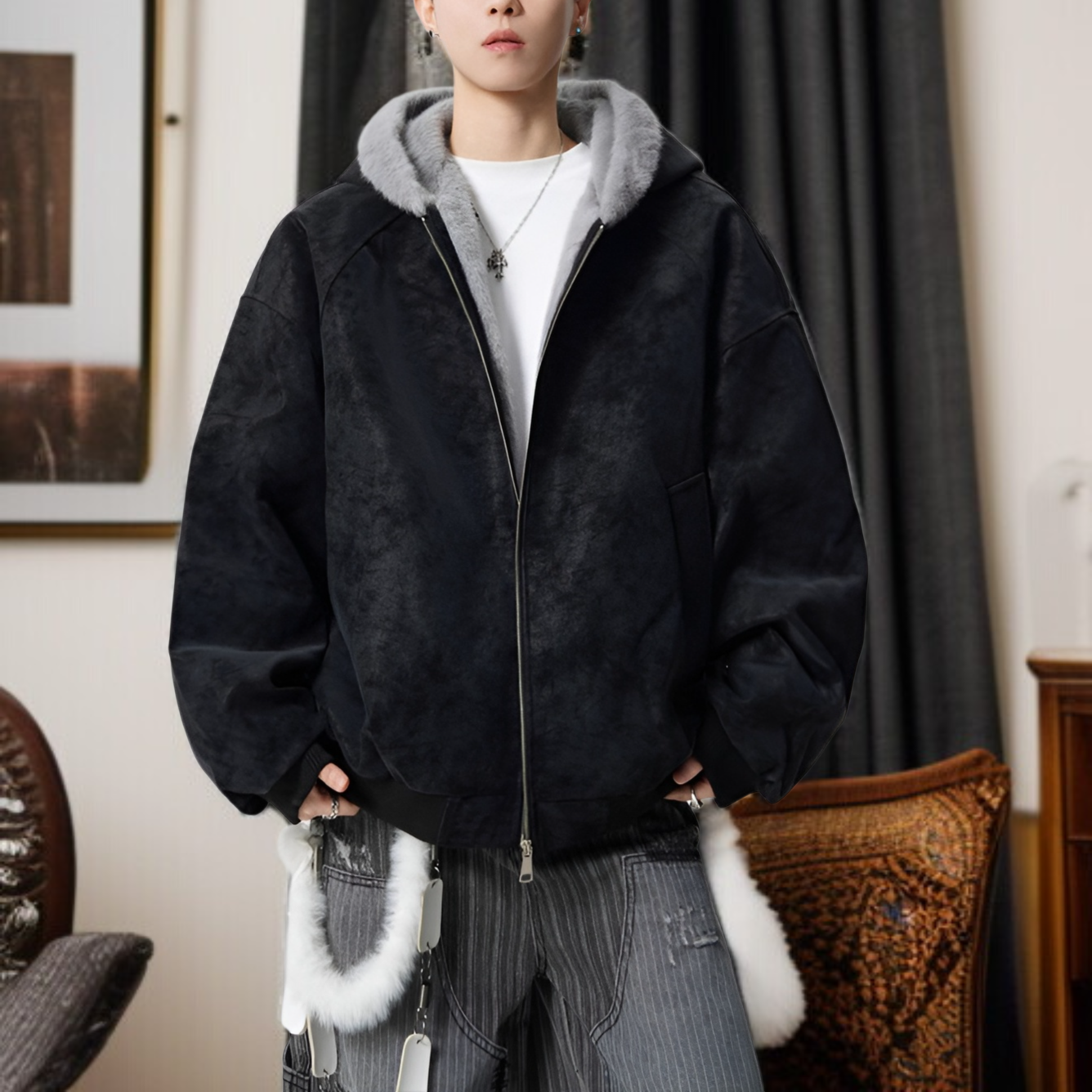 Chaqueta masculina de invierno estilo americano, PU con forro cálido y capucha, resistente al viento