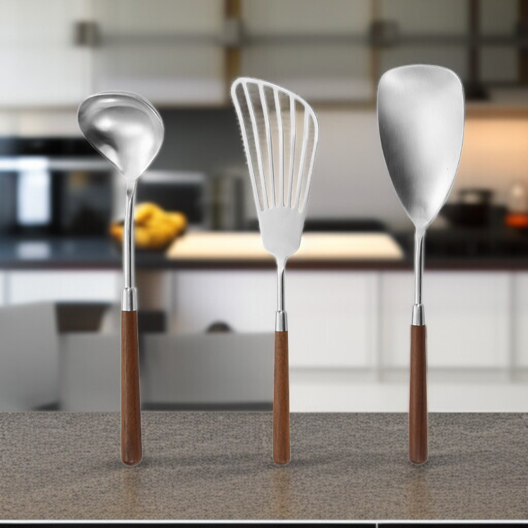 家庭用ヘラ ウォールナット・キッチン雑貨 クッキングステンレスヘラ ケーキ・スープ・スプーン・ナイフ・ヘラ ナイフ ヘラセット 鍋用食器