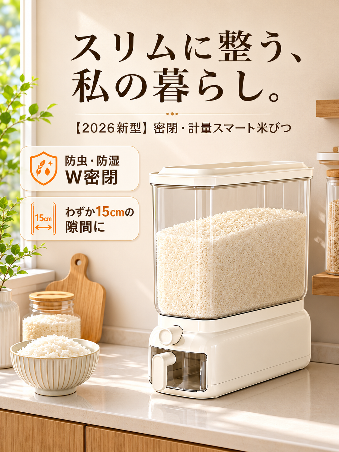家庭用防虫・防湿米箱 スリムタイプ食品グレード穀物保存桶 押し出し式密封米びつ