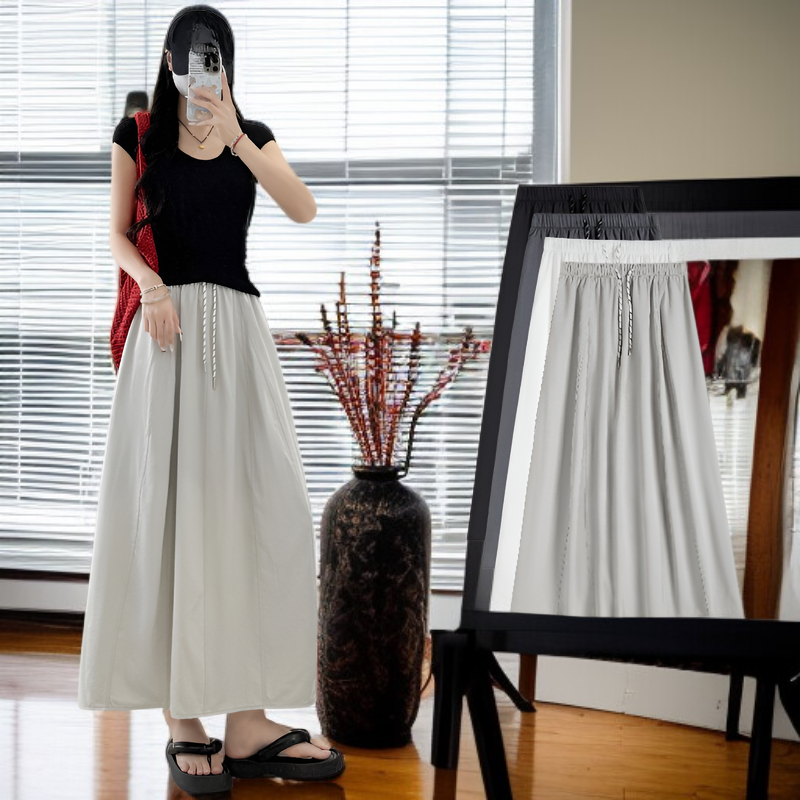 夏用アイスシルクロングフレアスカート 低身長/高身長対応 ゆったりAライン 体型カバー ドローストリング＆ポケット付き