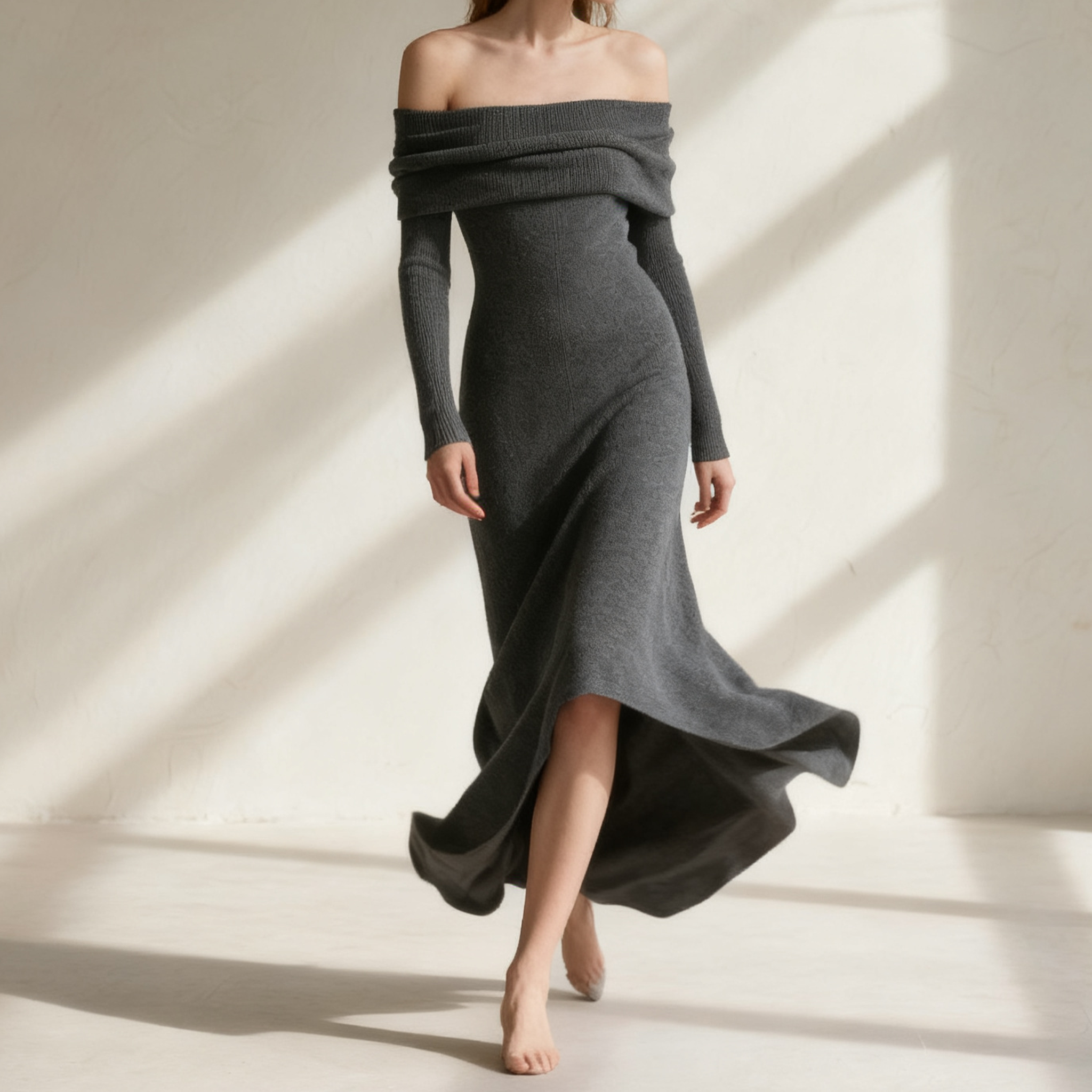 고급스러운 회색 숄더 오픈 롱원피스 전체 이미지