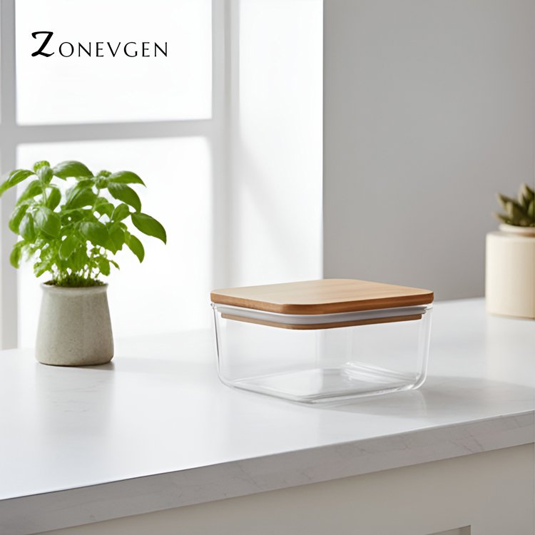나무 뚜껑 투명 식품 보관함 2개 세트