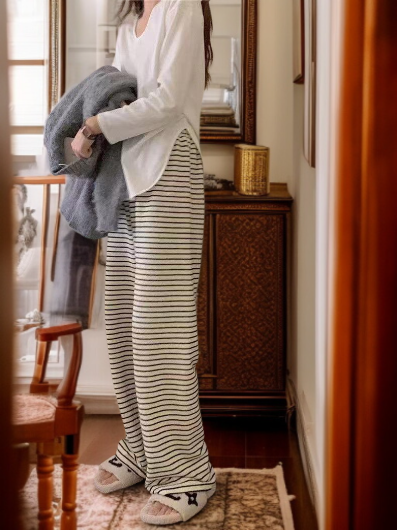 와이드 하이웨스트 슬랙스  와이드 팬츠 여 캐주얼 팬츠 봄 블랙 화이트 스트라이프 와이드 팬츠