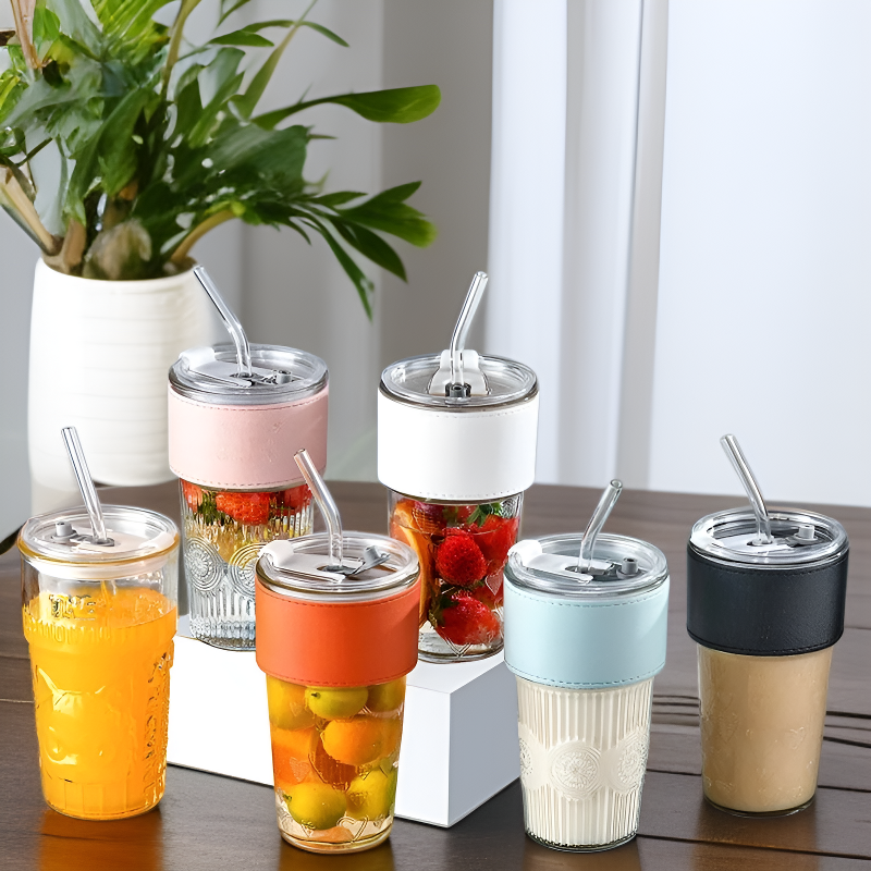 유리 빨대컵 보온 가죽 커버 밀크티 커피컵 사무실용 선물컵