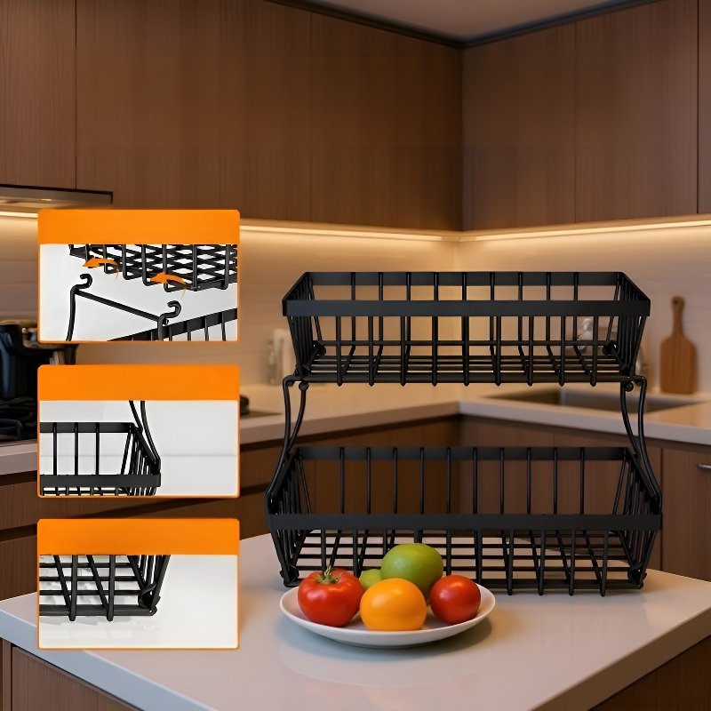 튼튼한 철제 재질의 과일 바구니 근접 사진