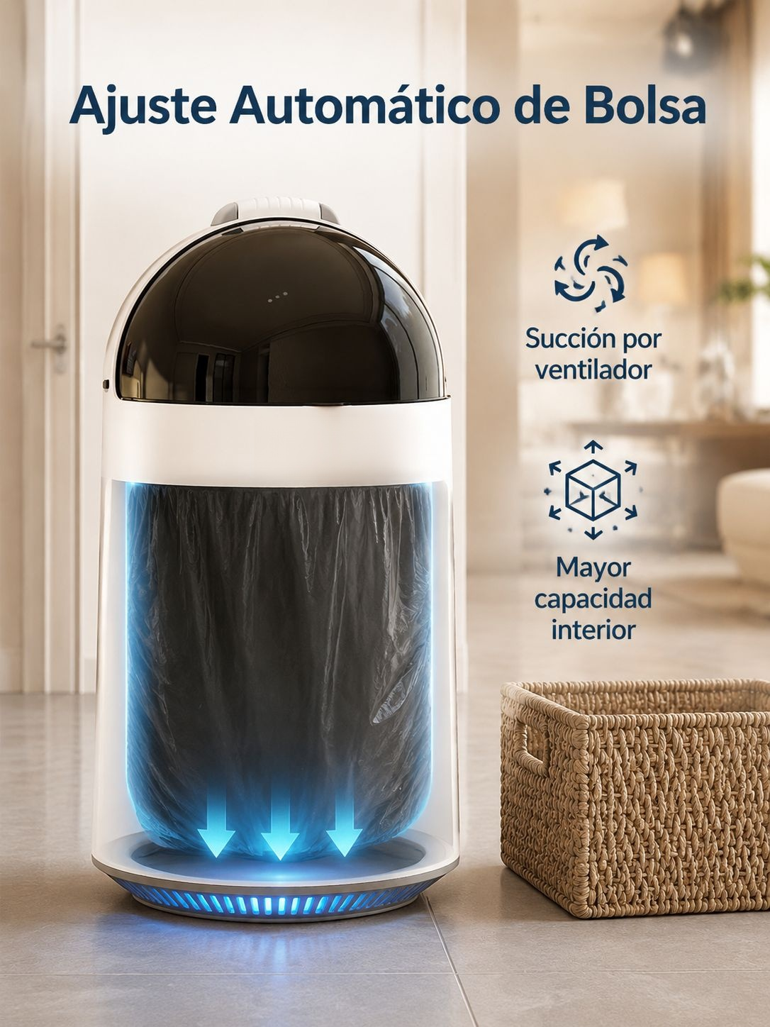 Bote de basura con sistema automático para bolsas