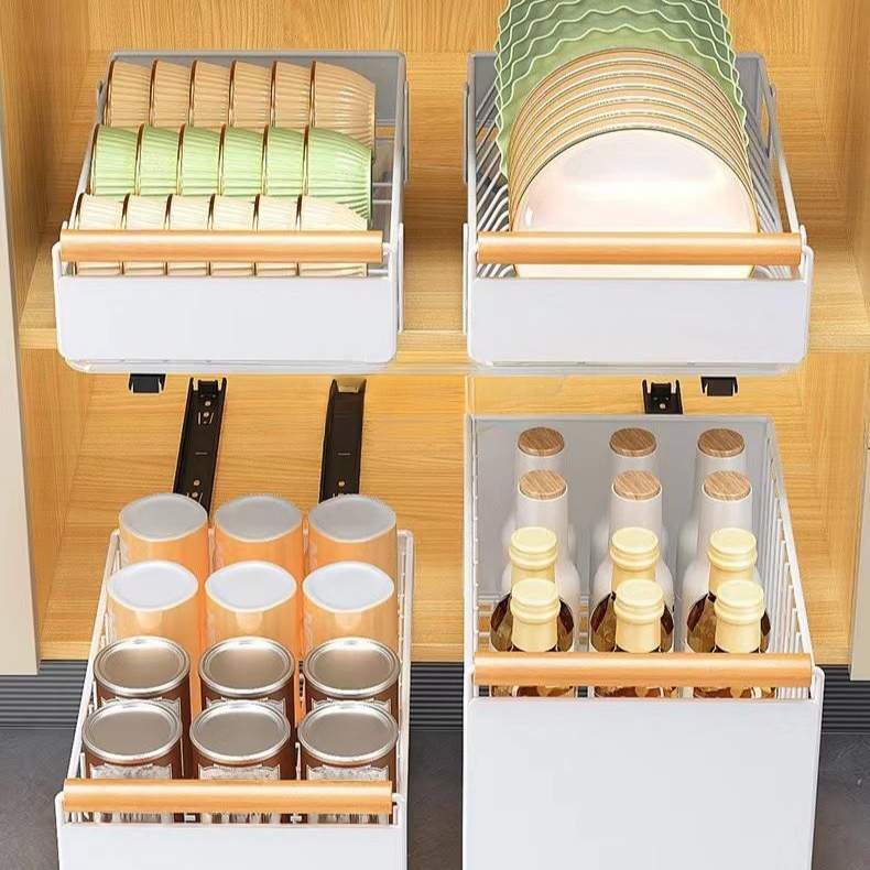 Estante extraíble multifuncional para platos y especias con riel deslizante y diseño plegable