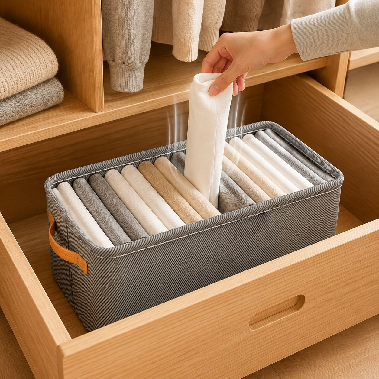 Set of four fabric storage boxes for clothing organization
