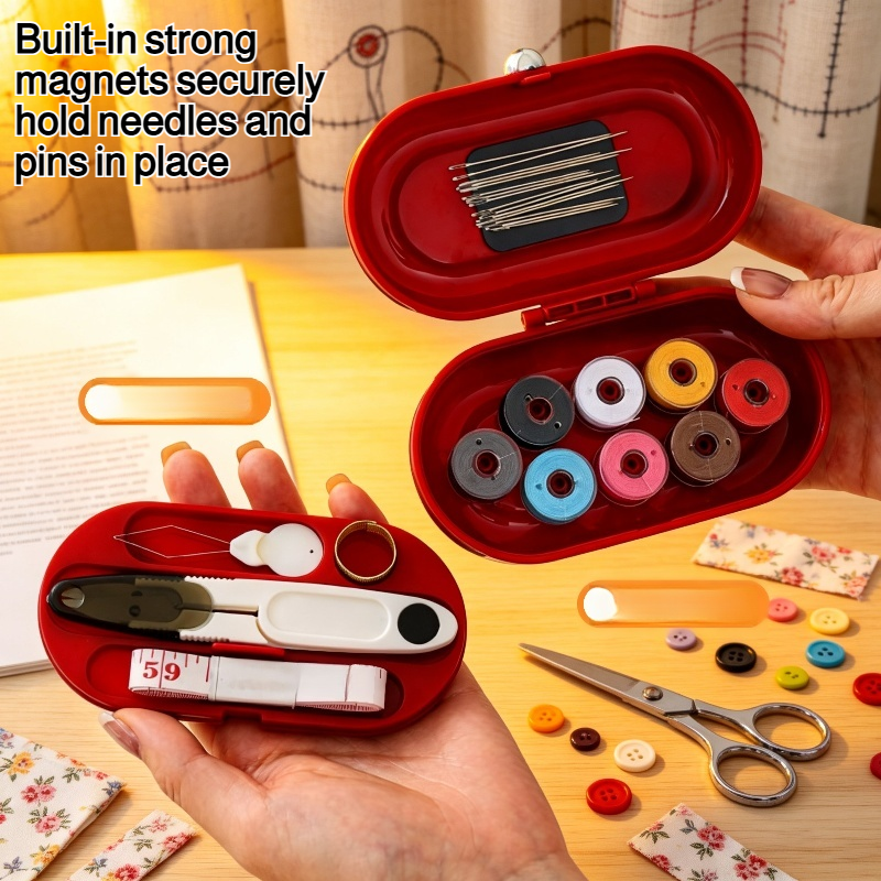 Compact and portable magnetic needle and thread box