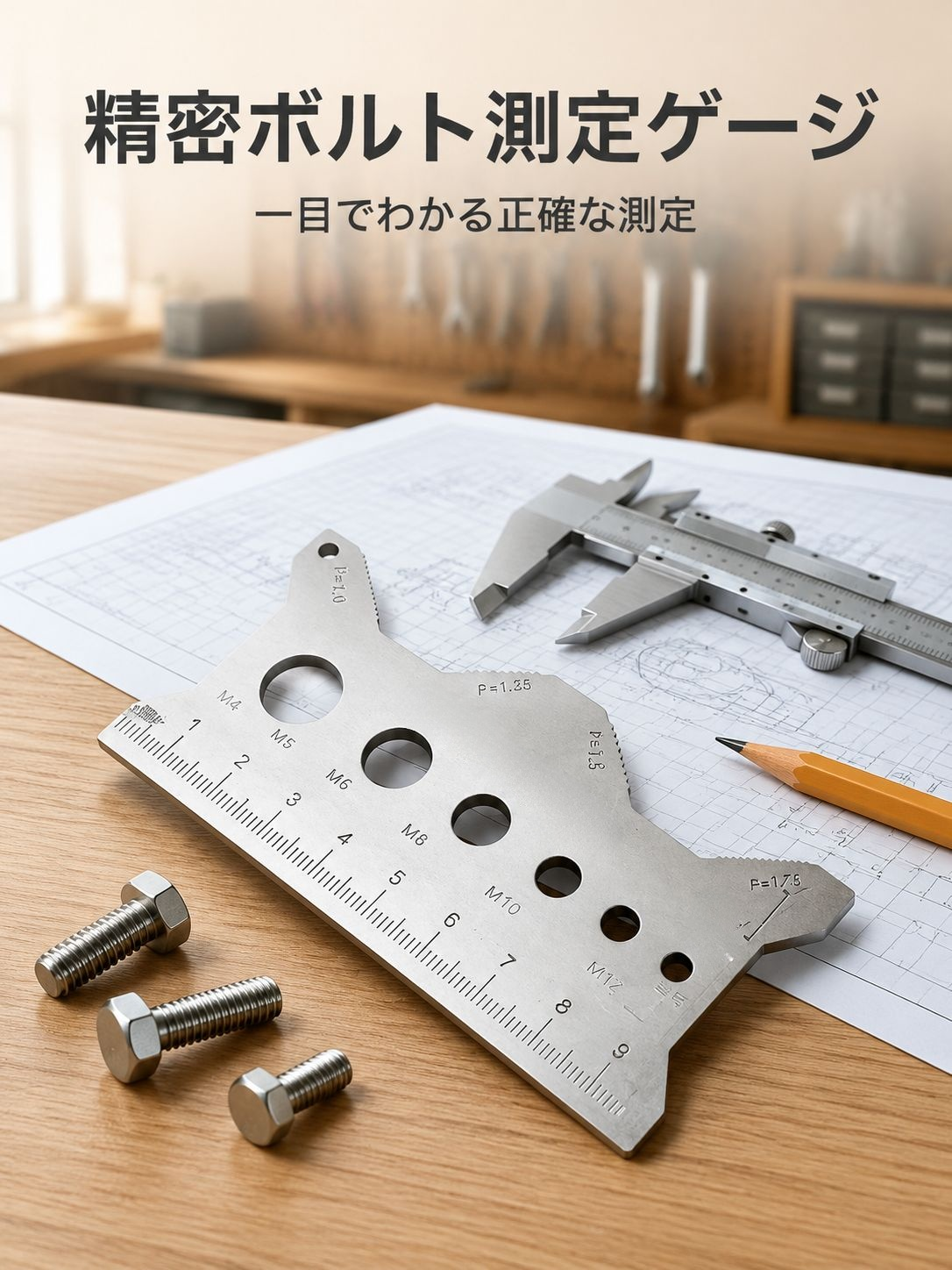 ネジ測定多機能厚手定規の全体画像