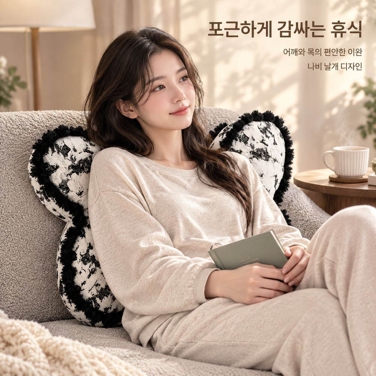 블랙&화이트 플라워 셰닐 나비 쿠션 소파 등받이 허리쿠션 인테리어 소품