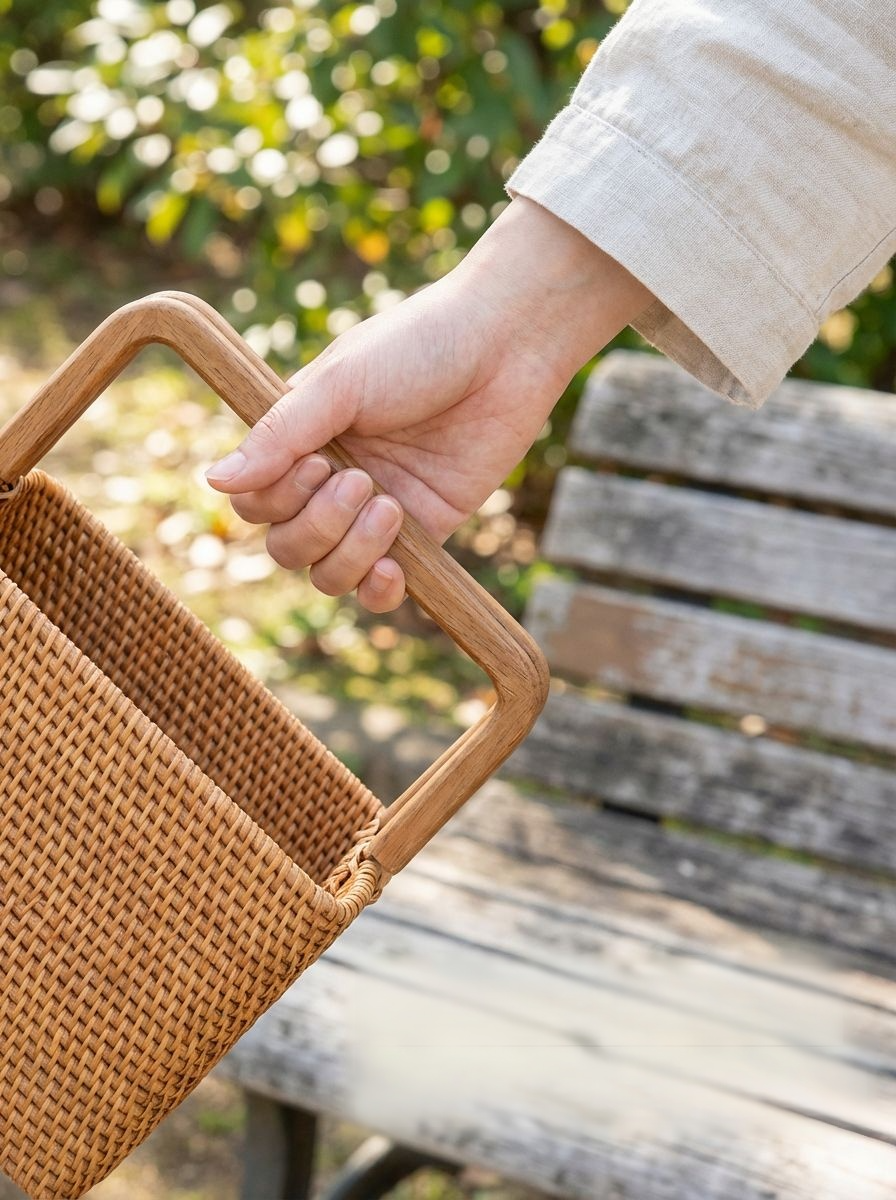 ナチュラル素材の籐製バスケットと果物