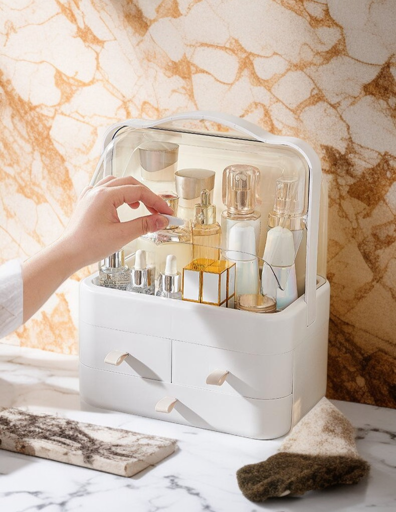 Makeup storage box with clear drawers for easy access