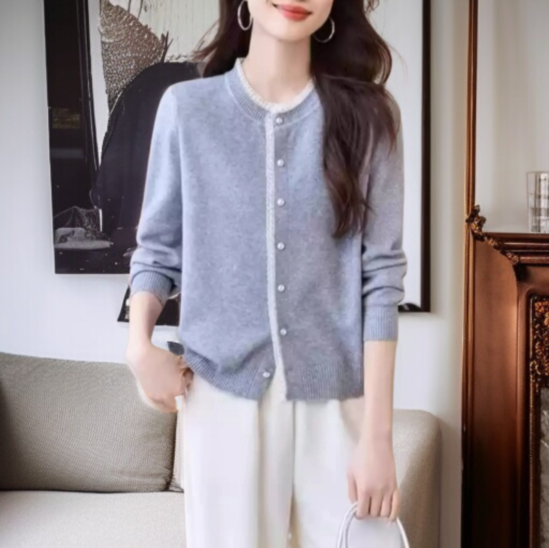 여성 그레이 니트 가디건 아우터 무드 상의 레이스 긴팔 니트