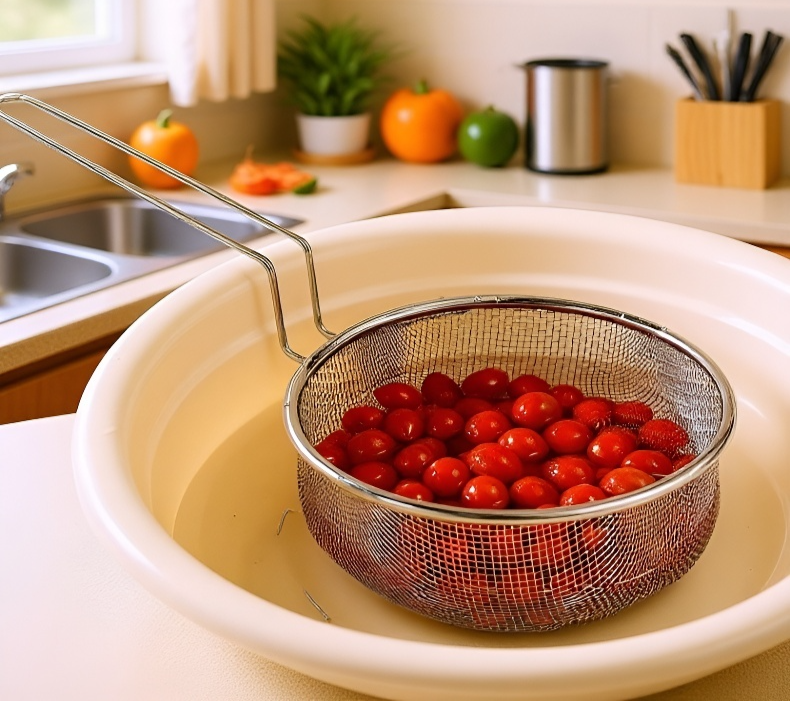 麺類の水切りに使用するステンレスストレーナー