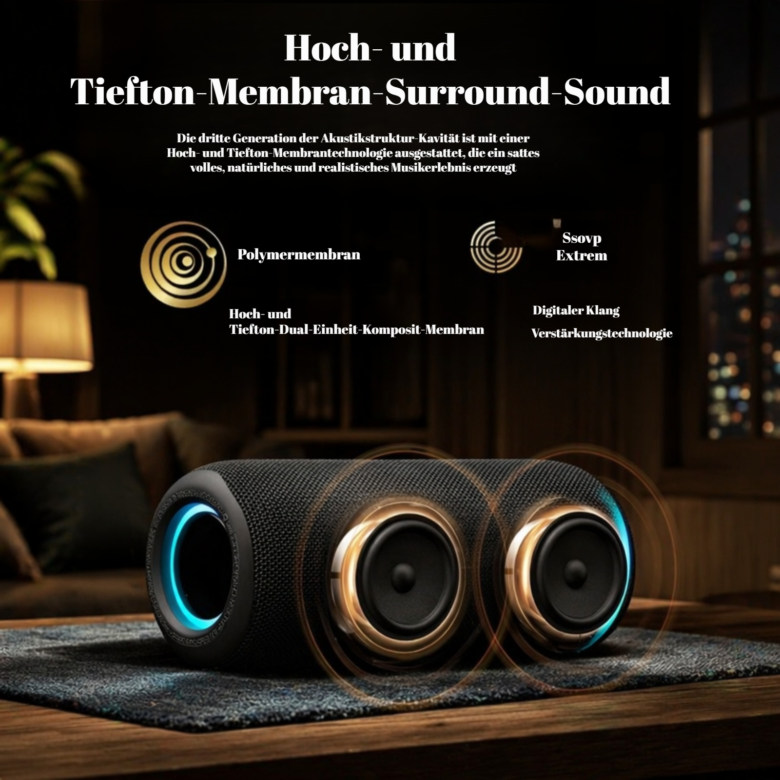 Kabelloser, leistungsstarker, tragbarer, wasserdichter Bluetooth-Lautsprecher mit tiefem Bass