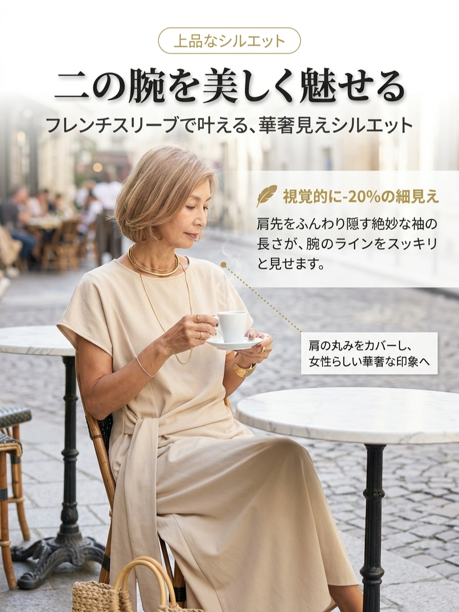 ヘップバーン風ウエスト絞りリボン付きフレンチスリーブワンピース