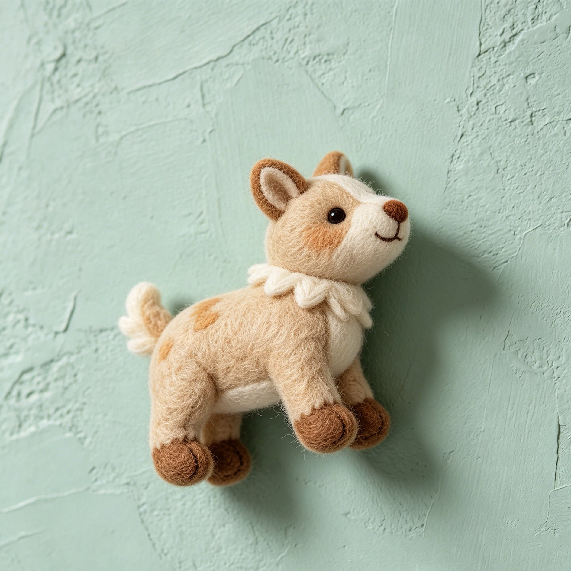 Handcrafted soft animal plush ornaments on display