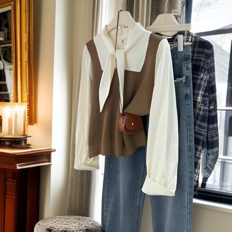 루즈핏 스트링 니트 베스트 패션 가짜 긴팔 셔츠 감령 루즈핏 스트링 긴팔 셔츠