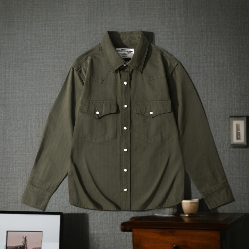 メンズ無地ヘリンボーン作業シャツ 瑪瑙ボタン付き新作長袖