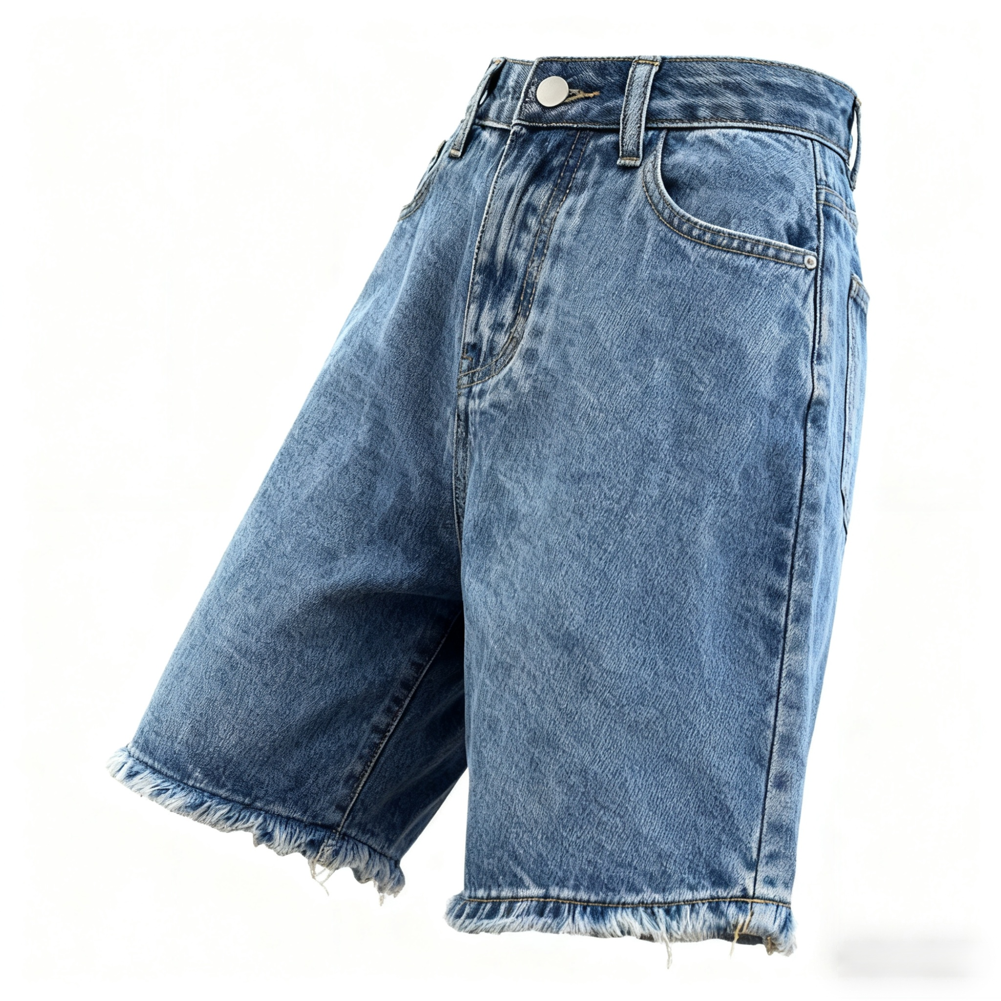 美脚効果のあるハイウエストデニムショートパンツ着用例