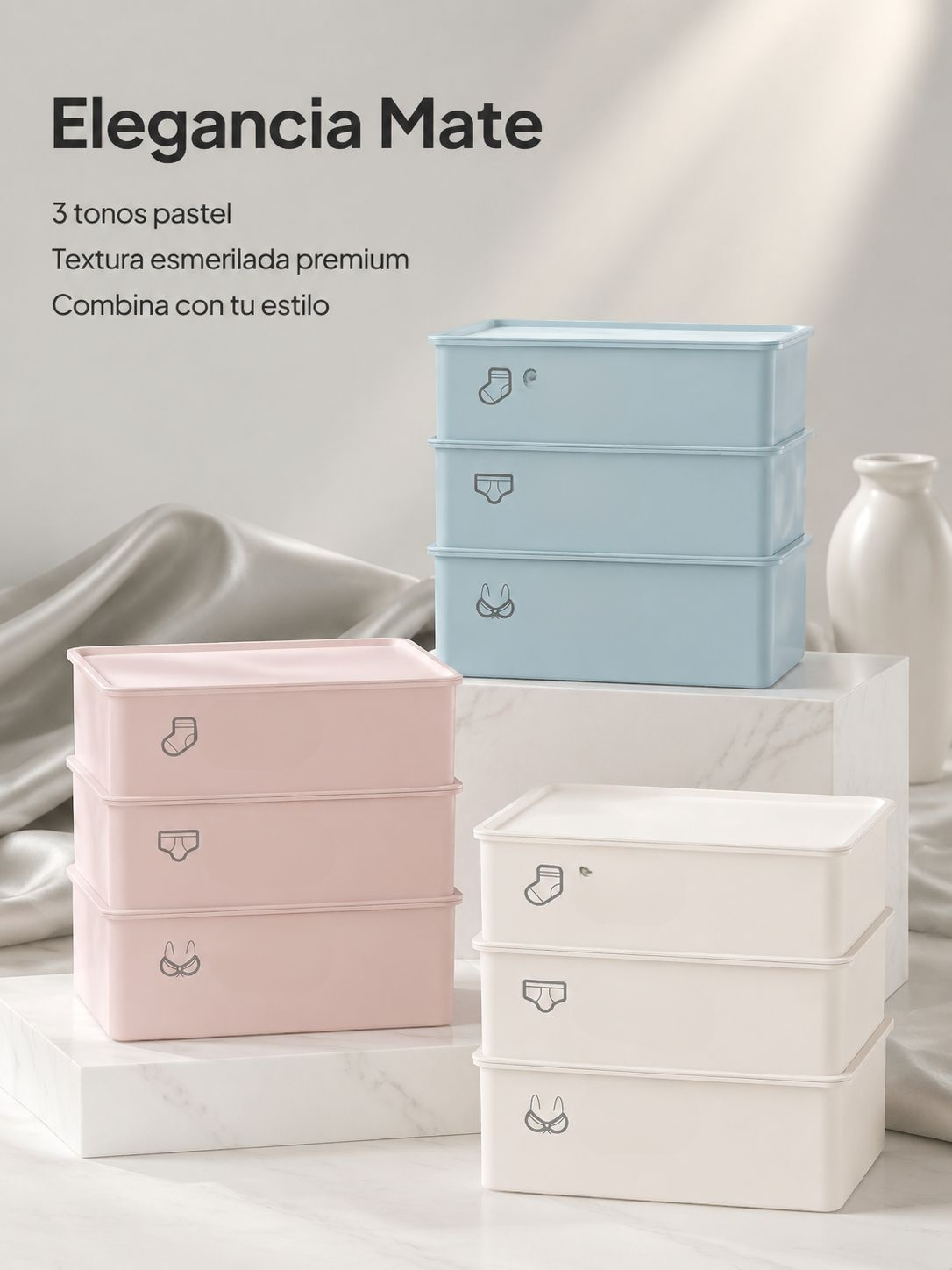 Caja organizadora con divisiones para ropa interior en color neutro