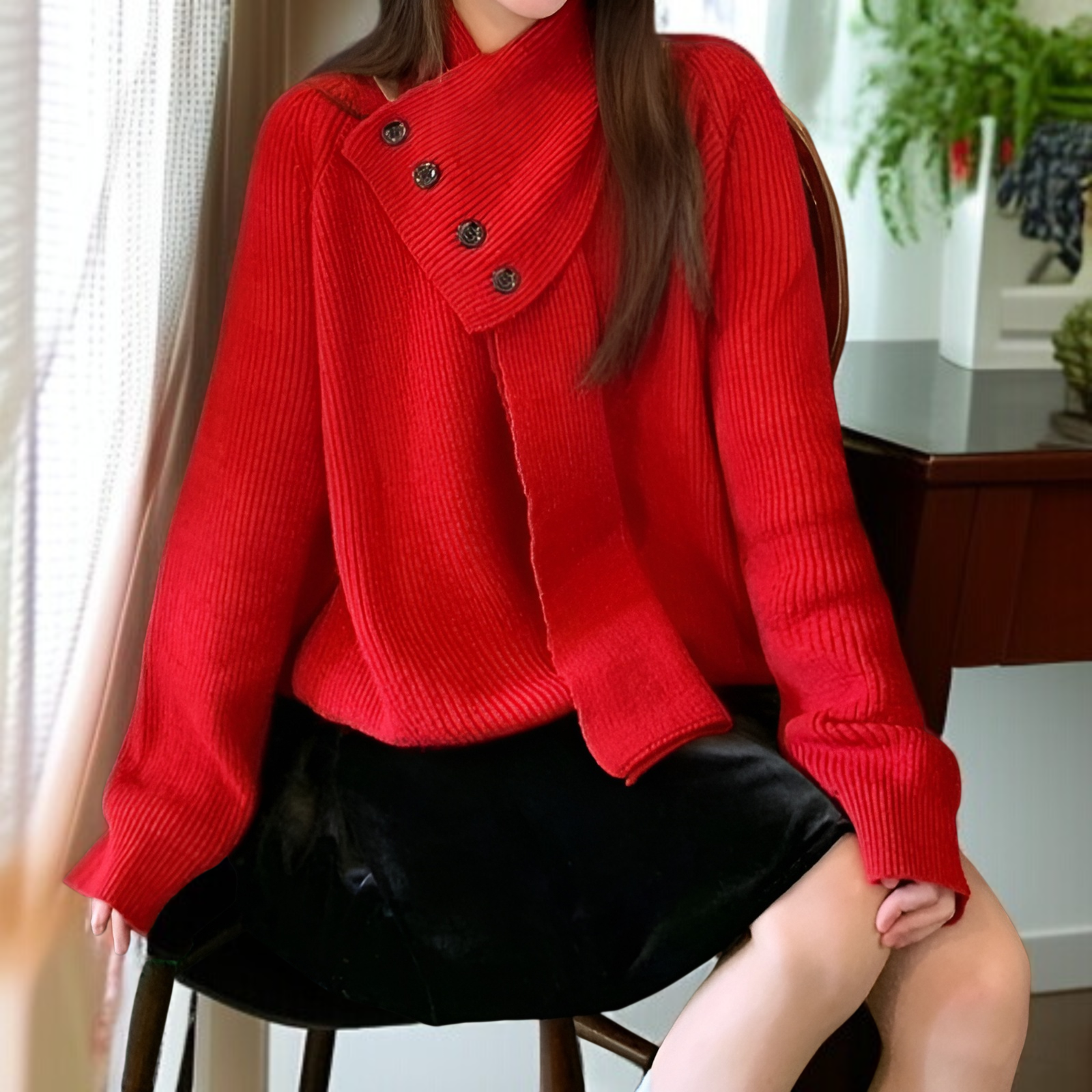 韓国風プルオーバーセーター、取り外し可能なスカーフ付き、レディース秋冬オリジナルデザインニットセーター、超美しいトップス