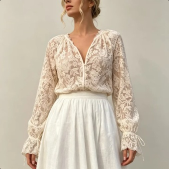 Modische Damenbluse mit aufwendiger Lochstickerei