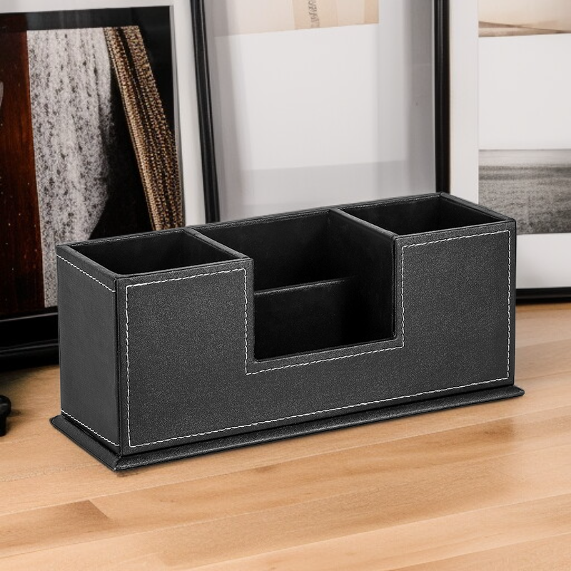  Factory Wholesale Simple Style Leather Dual Pen Cup and Drawer Storage Organizer for Stationery