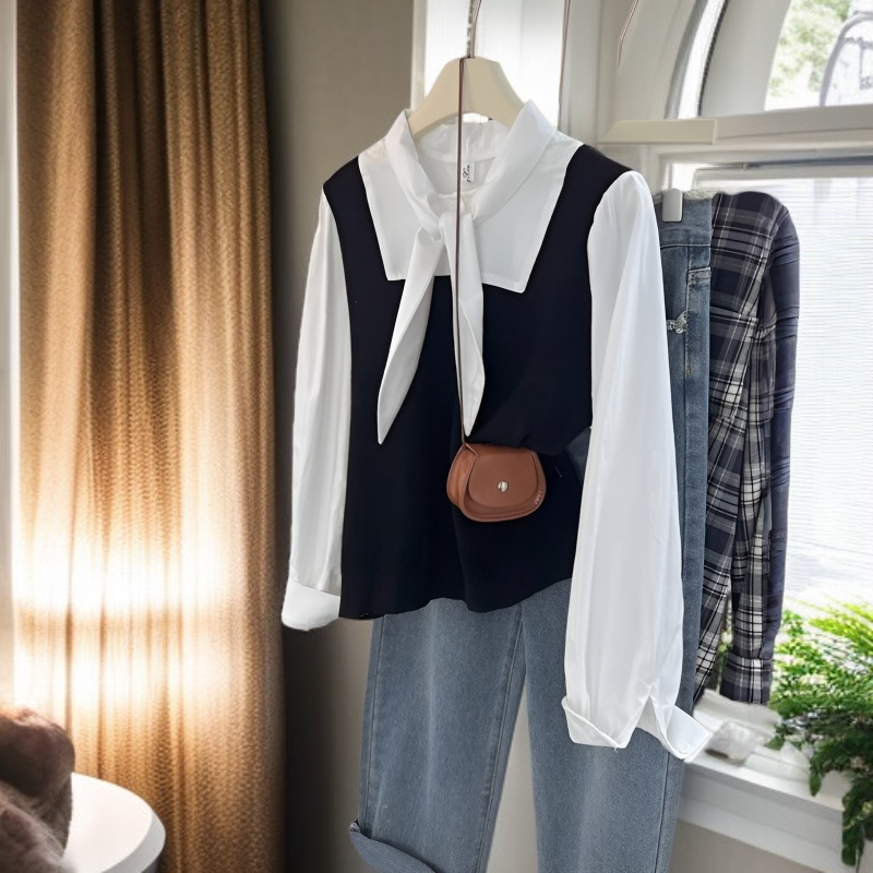 루즈핏 스트링 니트 베스트 패션 가짜 긴팔 셔츠 감령 루즈핏 스트링 긴팔 셔츠