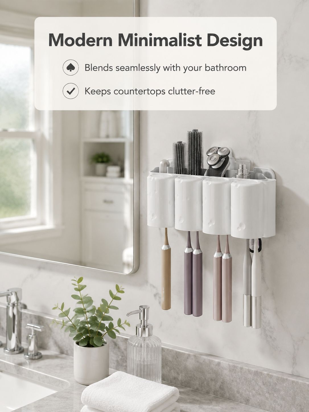 No-drill suction toothbrush stand mounted beside a bathroom sink