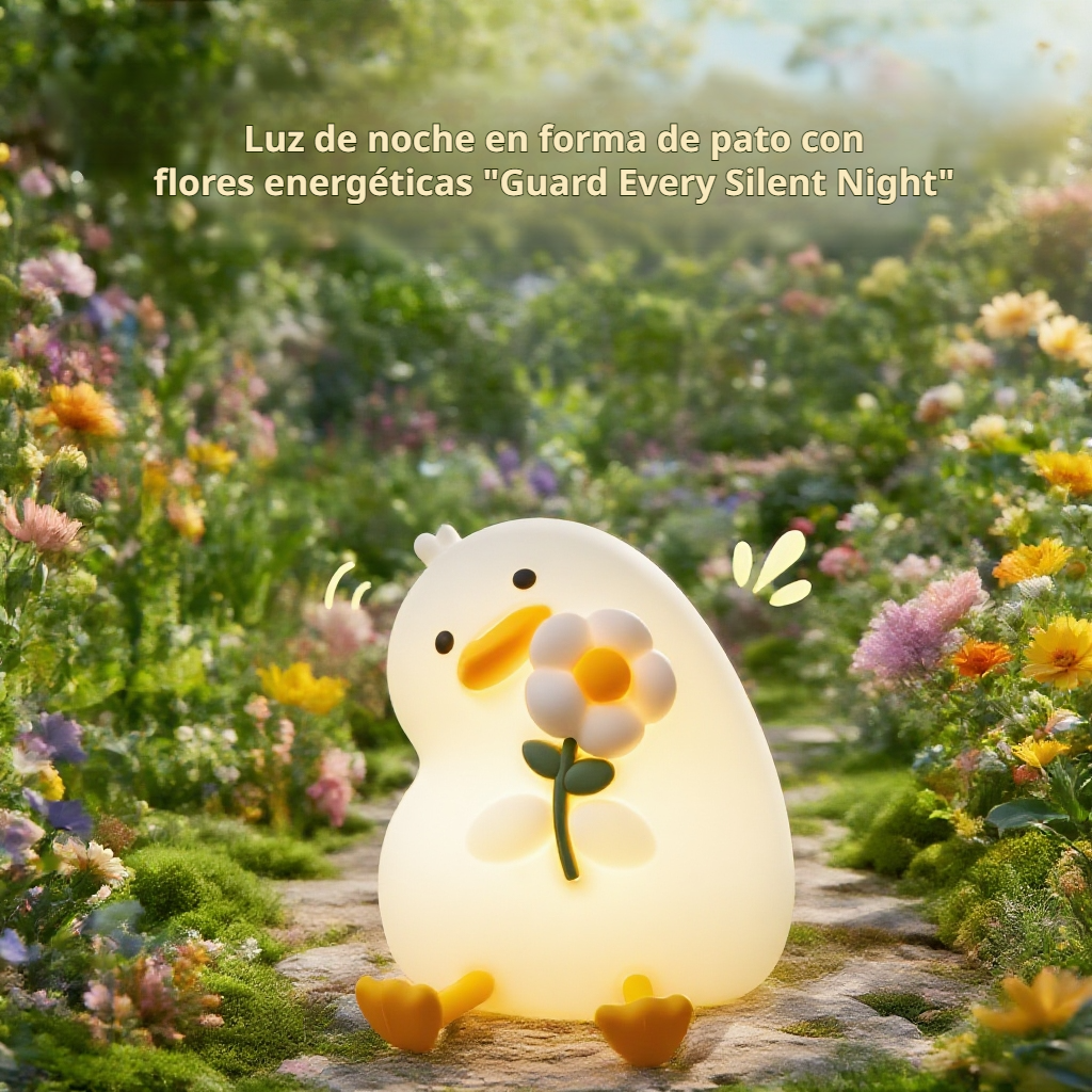 Luz de noche pato florido encendida sobre mesita de noche