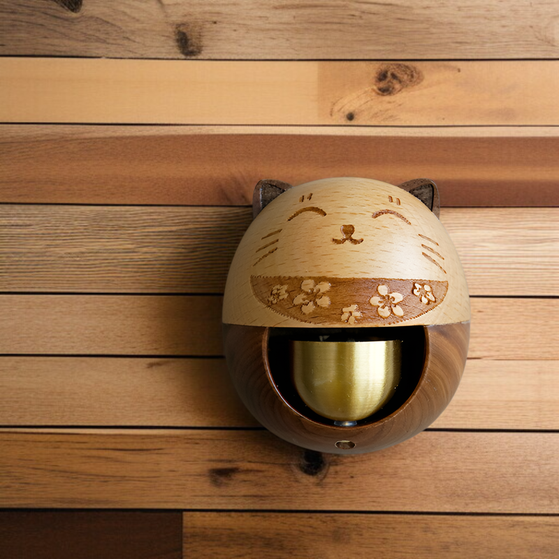 磁気ドアベル、純真鍮トーンのウィンドチャイム、ラッキーキャットドアベル、天然ブナ材のブラックウォールナット真鍮ベル、玄関ドアリマインダーベル、幸運と富、新築祝いのギフトボックス包装