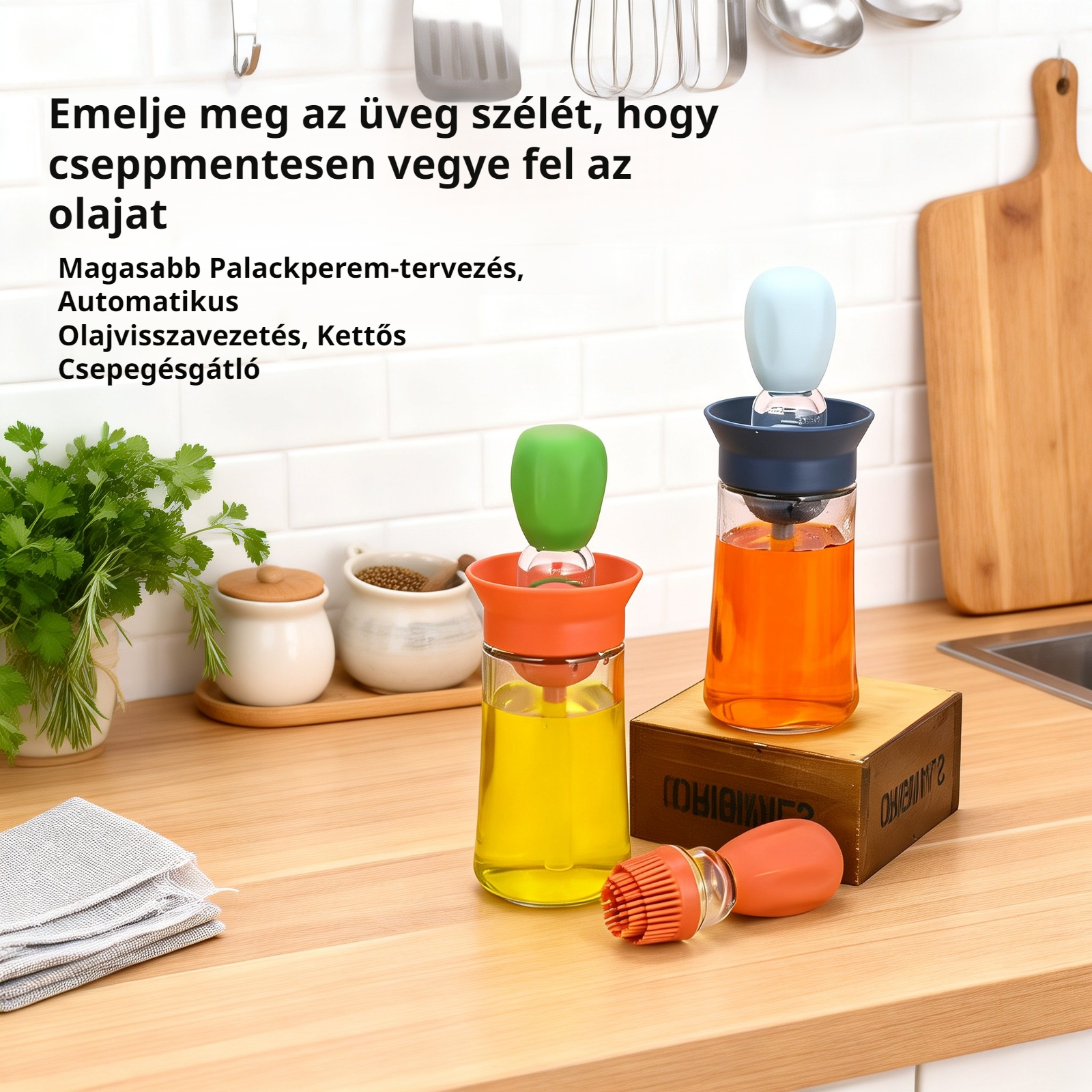 Konyhai szilikon olajecset és üveg olajadagoló 2 az 1-ben