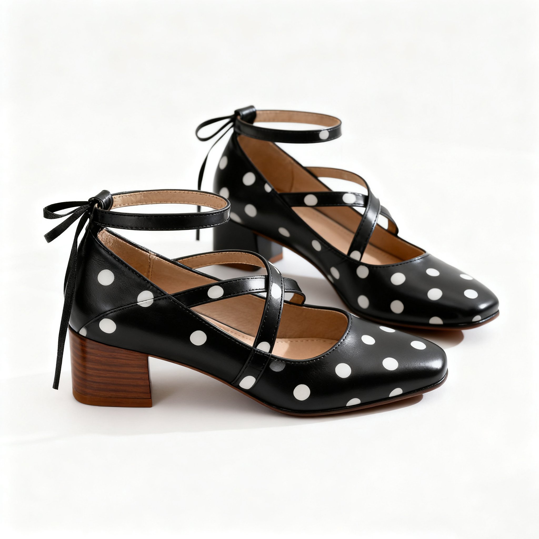 도트 디자인 중굽 여성 가죽 구두